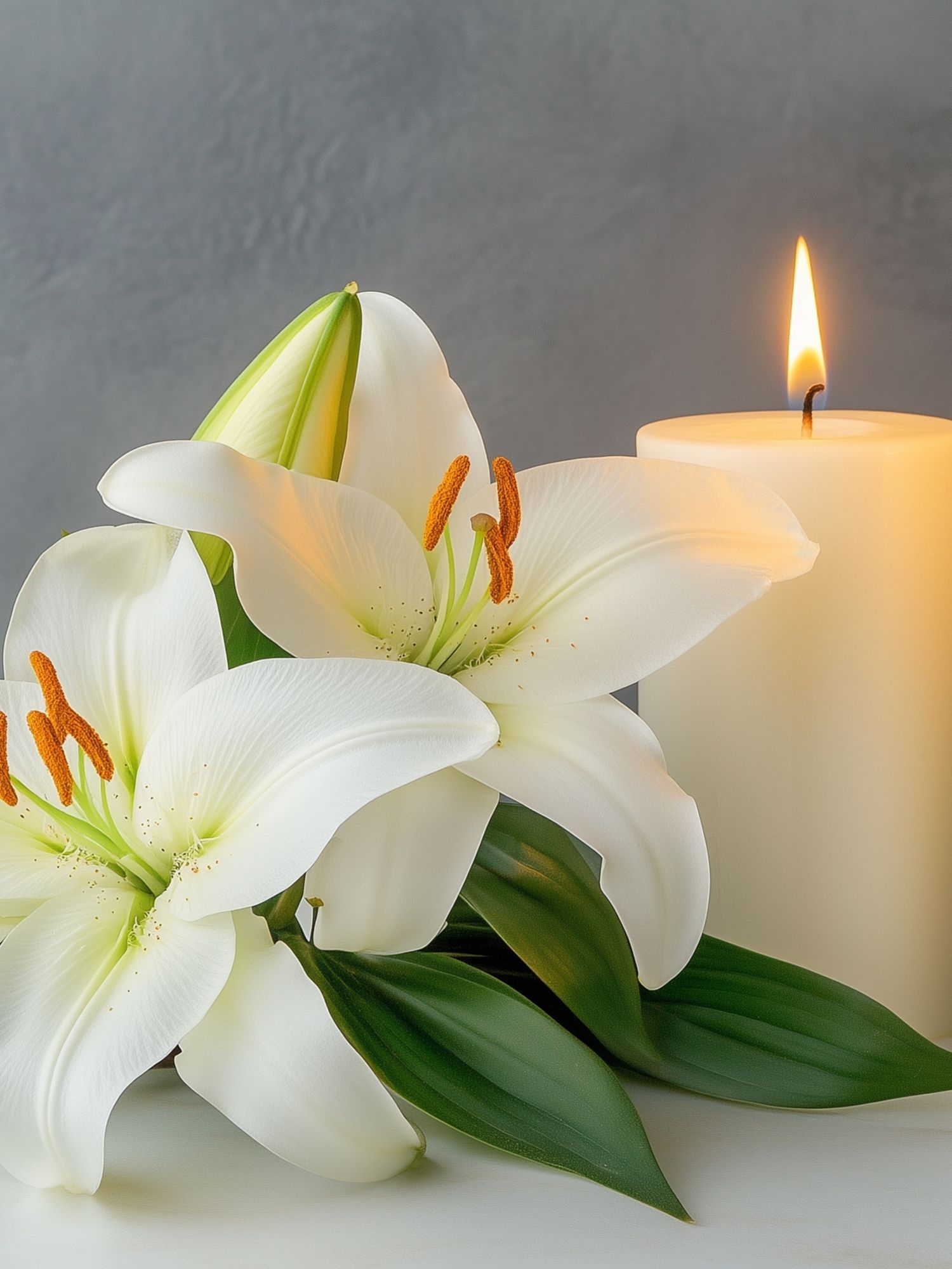 Lily and candle memorial tribute White lily and candle honouring a loved one